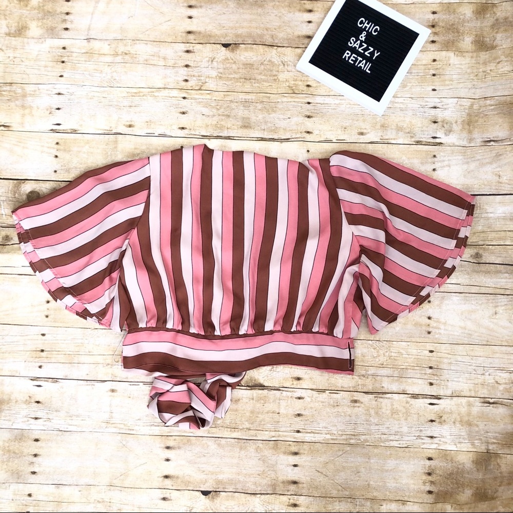 Leith Pink Brown Striped Short Sleeve Cropped Wrap - Picture 6 of 8